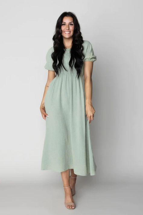 Modest Dresses | Moments Made Spring Bridesmaids, Bridesmaids Looks, Modest Church Dresses, Modest Dresses For Women, Soft Sage Green, Modest Formal Dresses, Light Green Dress, Sage Green Bridesmaid Dress, Sage Green Dress