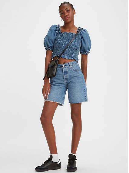 501® Original High Rise Mid-thigh Women's Shorts - Medium Wash | Levi's® US 80s Shorts Outfits, Long Shorts Outfits Women, Long Jean Shorts Outfit, Long Denim Shorts Outfit, Denim Bermuda Shorts Outfit, 501 Outfit, Jorts Outfits, Jorts Outfit, Long Denim Shorts