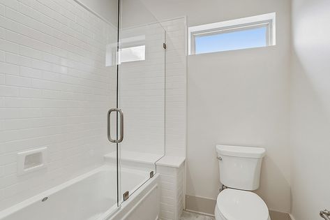 Secondary Bathroom That Is Open And Bright With The Transom Window Above The Toilet. #openandbrightplaces #secondarybathroom #transomwindowideas Bathroom Window Above Toilet, Window Above Toilet, Secondary Bathroom, Above Toilet, Transom Window, Bathroom Window, Over Toilet, Transom Windows, Tub Shower Combo