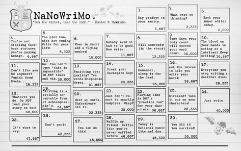 NaNoWriMo Calendar by reapthebeauty on deviantART Writers Notebook, Nanowrimo Calendar, Nanowrimo Survival Kit, Nanowrimo Prep, Nanowrimo Inspiration, Camp Nanowrimo, Me And My Bestie, National Novel Writing Month, Writing School