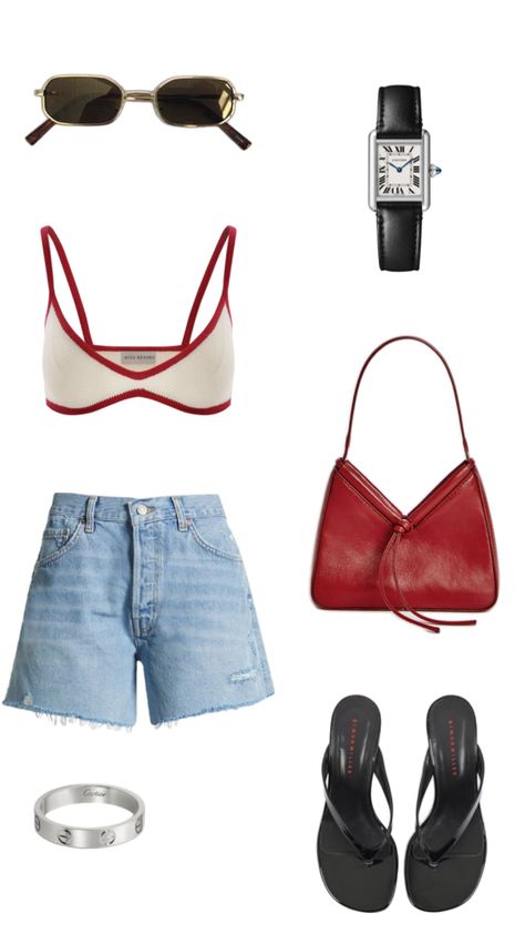 Bralette, jeans shorts, Cartier watch, Cartier ring, flip flops, sunglasses Summer Polyvore Outfits, Summer Outfits Layout, Polyvore Outfits Summer, Summer Polyvore, Watch Cartier, Vacation Fits, Outfit Collage, Cartier Ring, Collage Ideas