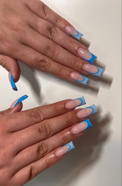 Blue French Tip Nails Square Long, Sky Blue Nails French Tip 1.5, Short Square French Tip Nails Blue, Simple Blue Square Nails, Blue French Coffin Tip Nails, Blue French Tip Nails Square With Design, Long French Tip Nails With Design Summer, Outlined French Tip Nails Square, Cute French Tip Nails Acrylic Blue