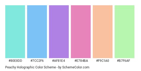 Peachy Holographic Color Scheme » Blue » SchemeColor.com Holographic Colour Palette, Iridescent Color Scheme, Holo Color Palette, Opalescent Color Palette, Hologram Color Palette, Intuitive Aesthetic, Iridescent Color Palette, Cosmic Color Palette, Holographic Branding