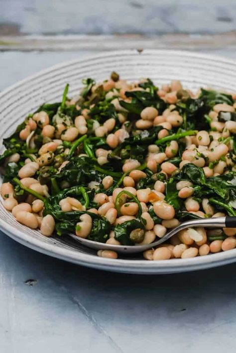 Healthy Cooked Spinach Recipes, Asian Sauteed Spinach, Spinach Side Recipes, Spinach And Cannellini Beans, Spinach Cannellini Beans, Spinach And Peas Recipes, White Bean Spinach Salad, Sauteed White Beans, Salmon And White Beans