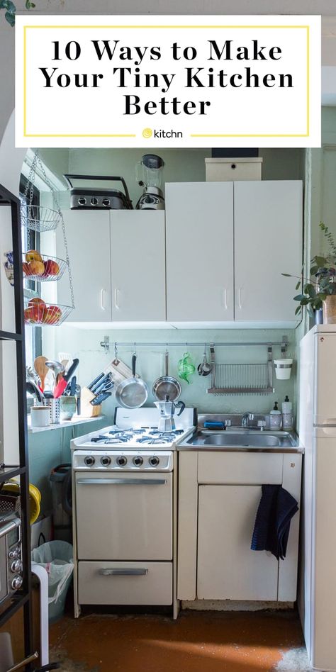 Small Kitchen Work Space, Simple Kitchenette Ideas, Small Space Living Kitchen, Smallest Kitchen Ideas Tiny House, Kitchen With No Counter Space, Make A Small Kitchen Look Bigger, Tiny Kitchen With Washer And Dryer, Tiny Retro Kitchen, Where To Put Fridge In Small Kitchen