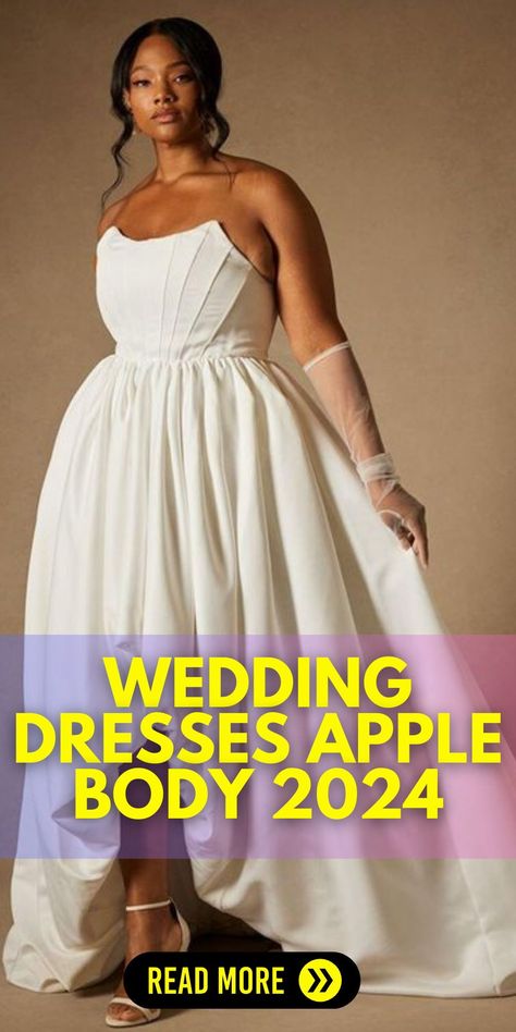 Elegant Wedding Dresses Apple Body 2024 for Shaped Women: Specializing in elegant wedding dresses for apple body shapes in 2024, this collection offers a range of styles from classic lace to modern simple designs. Perfect for shaped plus size brides, these dresses provide a flattering fit, ensuring every woman feels beautiful on her special day. Wedding Dress For Round Shape, Apple Body Shape Wedding Dress, Wedding Dresses For Apple Shaped Women, Apple Body Shape, Wedding Dresses Elegant, 2024 Wedding Dresses, Elegant Wedding Themes, Dresses For Apple Shape, Elegant Bridal Gown
