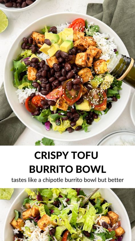 burrito bowl next to a green cloth and white bowl of beans Tofu Chipotle Bowl, Tofu Recipes Mexican Burrito Bowls, Sriracha Tofu Bowl, Lunch Burrito Bowl, Essen, Tofu Fajita Bowl, Tofu Bowl Recipes Healthy, Chipotle Bowl Vegetarian, Mushroom Burrito Bowl