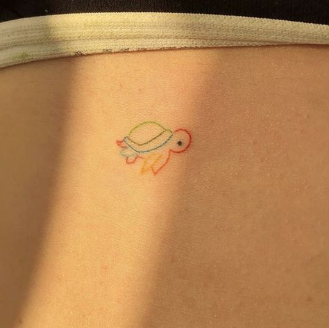 Dandelion Tattoo Colorful, Turtle Tattoo With Color, Color Minimal Tattoo, Colored Minimalist Tattoo, Minimal Color Tattoo, Small Coloured Tattoos, Colorful Minimalist Tattoo, Minimal Animal Tattoo, Simple Color Tattoos