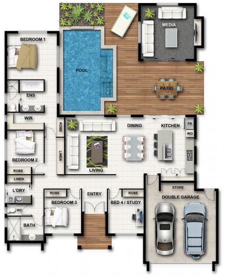 Floor Plan Friday: Separate media room plus pool Houses Bloxburg, Floor Bloxburg, Pelan Rumah, Pool House Plans, 3d House Plans, Bloxburg Room, Casas The Sims 4, Sims House Plans, Home Design Floor Plans