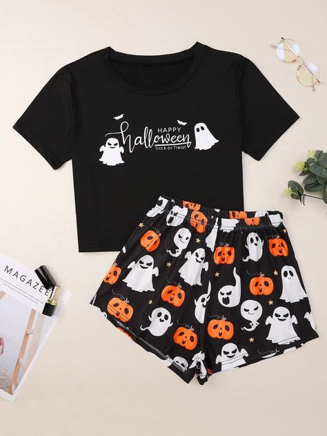 Slogan & Halloween Print Pajama Set | SHEIN USA Halloween Fashion Outfits, Pijamas Women, Pajama Costume, Halloween Pajamas, Cute Pjs, Pajama Outfits, Cute Pajama Sets, Cute Sleepwear, Cute Lazy Outfits