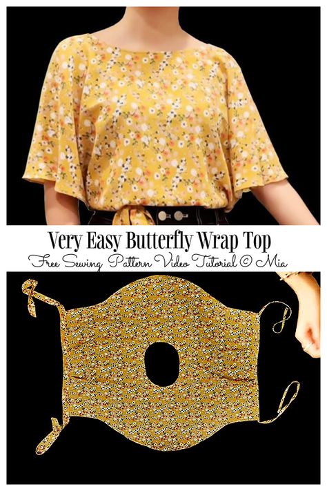 Super Easy One-Piece Wrap Top Free Sewing Patterns + Video | Fabric Art DIY Wrap Sewing Pattern Free, Diy Blouse Pattern Sewing Simple, Wrap Top Knitting Pattern Free, One Piece Wrap Blouse Diy, Diy Women Clothes, Sewing Blouses Easy, Halloween Costume Patterns Sewing, Wrap Shirt Pattern Sewing, One Size Fits All Sewing Patterns