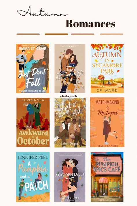 Autumn romance books! Books To Read During Fall Aesthetic, Halloween Rom Com Books, Ya Fall Books, Cozy Books To Read In The Fall, Fall Rom Com Books, Fall Books To Read Romance, Fall Themed Books For Adults, Books To Read In September, Books That Feel Like Fall