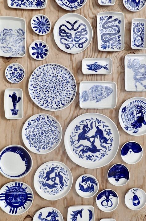 Ceramics by Becca Jane Koehler Blue Painted Pottery, Pretty Dishware, Themed Trees, Christmas Beach, Painted Ceramic Plates, Pottery Painting Designs, Linocut Art, White Pottery, Diy Pottery