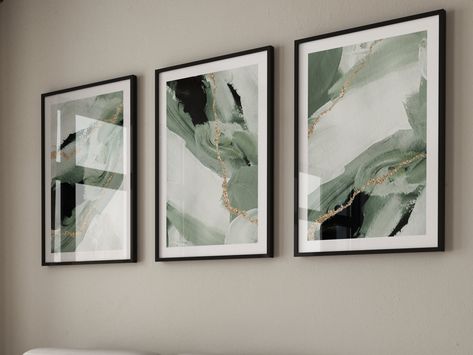 Abstract Art Sage Green, Sage Green And Gold House Decor, White Room With Green Accent Wall, Sage Green And Black Interior, Green And Grey Decor Living Room, Sage Green Grey Gold Living Room, Sage Green Wall Art Living Room, Sage Cream Black Living Room, Green Gray Gold Living Room