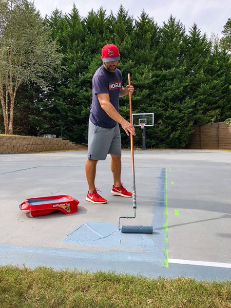 Painting Basketball Court, Stained Concrete Basketball Court, Diy Sports Court Backyard, Pickle Ball Court Backyard Ideas, Outdoor Concrete Paint Ideas, Concrete Basketball Court Backyard, Basketball Court Painting, Pickleball Court Backyard Diy, Pickle Ball Court Backyard Diy