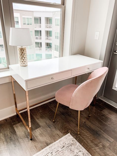 This chic, glam workspace is the perfect place to work from home! This white and gold desk is adorable when paired with this blush and gold accent chair. White Gold Desk, White Gold Room, White And Gold Desk, Accent Desk, Gold Accent Chair, Gold Rooms, Gold Desk, Drum Lamp Shade, Drum Lamp