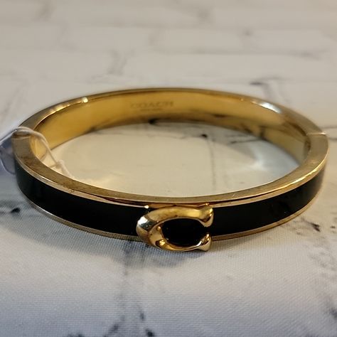 Coach F67480 Black And Fold Hinged Bangle. Nwt Coach Jewelry, Gold Plated Bangles, Bangle Bracelet Set, Cuff Bangle Bracelet, Fresh Shoes, Jewelry Lookbook, Jewelry Fashion Trends, Waist Workout, Toggle Bracelet