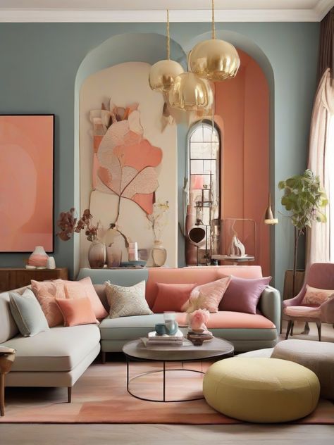 Discover ‘Palette Perfection’ as we curate color palettes for different rooms, offering inspiration for a perfect blend of hues. Transform your home decor with thoughtfully chosen colors that resonate with elegance and style. 🎨💖✨ #CuratedColors #PalettePerfection #HomeDecorInspiration #PinterestColorfulHome Complementary Color Scheme Interiors, Whole House Color Schemes Interior, Coral Bedroom Ideas For Adults, Color Schemes Interior Design, Coral Office, Peach Living Rooms, House Color Schemes Interior, Coral Living Rooms, Colour Combinations Interior