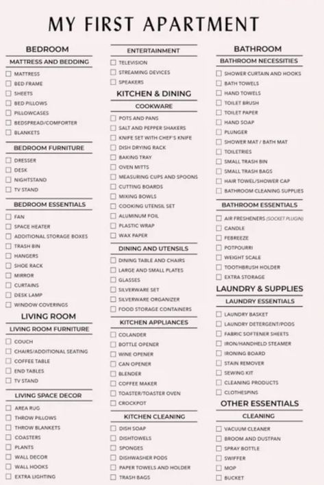 Kitchen Apartment List, New Apartment Checklist Essentials, New Apt Checklist, Things For Bathroom List, Apartment Buying Checklist, Move In Apartment Checklist, First Apartment Bedroom Checklist, Checklist For Apartment, Moving In Apartment Checklist