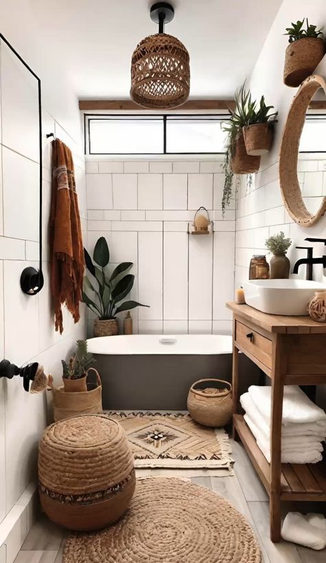 Boho Bathroom Minimalist, Boho White Bathroom Ideas, Bathroom Ideas Earthy Tones, Black Bohemian Bathroom, Bathroom Ideas With White Tile, Boho Scandinavian Bathroom, Bathroom Diy Decoration Ideas, Airbnb Boho Decor, Bathroom Boho Style