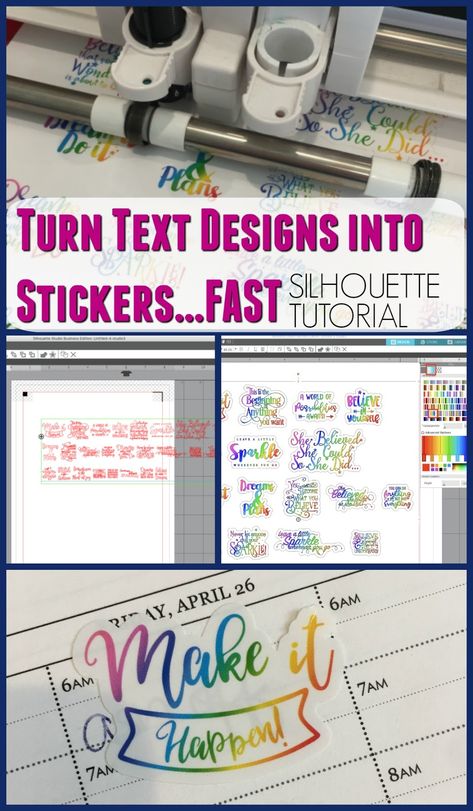 We've talked a lot about how to turn cut files into stickers, but it's also easy to turn text-based designs into stickers.This is a sponsored post, but all opinions are my ownLet's say you have a bunch of motivational quotes that you want to use in your planner or journal - with just a few clicks you can convert them into stickers and then print on my favorite repositionable and removable sticker paper! Read more » How To Make Labels With Silhouette Cameo, How To Make Stickers With Silhouette, Stickers With Silhouette Cameo, Silhouette Cameo Projects Beginner, Silhouette Cameo Beginner, Silhouette Stickers, Paper Silhouette, Printable Sticker Paper, Silhouette School Blog