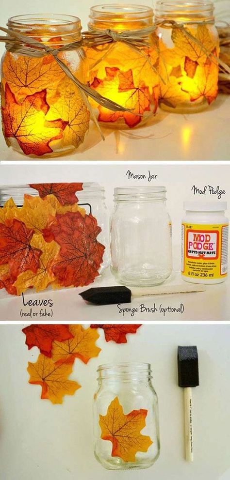 diy fall maple leave mason jar candle holder for autumn weddings Mason Jar Candles, Leaf Mason Jar Candle, Projek Diy, Kerajinan Diy, Mason Jar Candle Holders, Jar Candle Holder, Dekor Diy, Diy Thanksgiving, Autumn Crafts