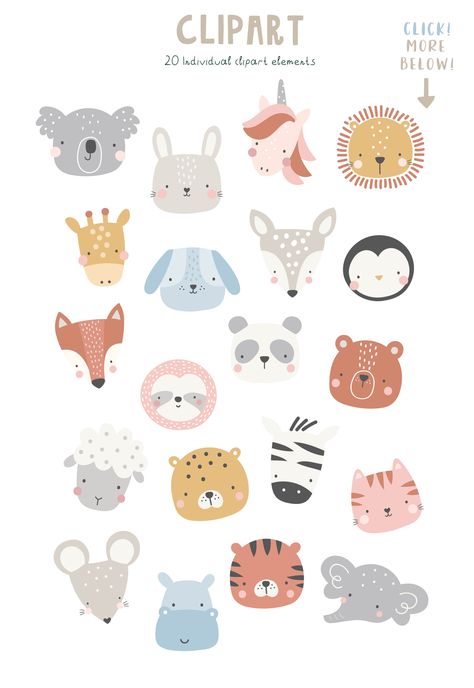 Animal Cute Illustration, Animal Faces Drawing, Animal Face Drawing, Cute Simple Illustration, Baby Graphic Design, Baby Animal Illustration, Cute Animal Faces, Animal Illustration Kids, Illustration Animals