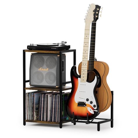 PRICES MAY VARY. Multifunction End Table with Guitar Stand:This is a really great design for a record player stand that could work great as any type of end table as well,the guitar stand wider cradle arms acommodate most guitar shapes,it can hold up to two different insturments vertically,including acoustic,electric guitars,bass,ukulele and banjo. Record Player Stand with Vinyl Record Storage:With 3-tier Storage Shelf,the record player stand can help you keep vinyl record player,vinyl records,al Vinyl Records Storage, Music Room Studio, Records Storage, Grunge Decor, Man Bedroom, Music Bedroom, Turntable Stand, Music Gadgets, Guitar Rack