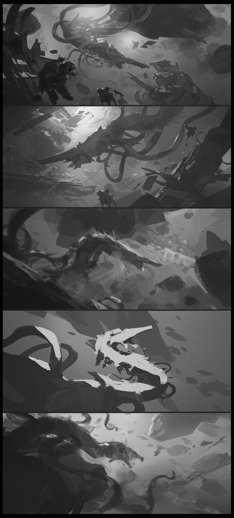 ArtStation - hunt - creature design and key frame , Sergey Grechanyuk Croquis, Key Frame Concept Art, Key Art Illustration, Fantasy Cowboy Art, Story Board Design, Grayscale Painting, Value Painting, Book Illustration Design, Key Frame