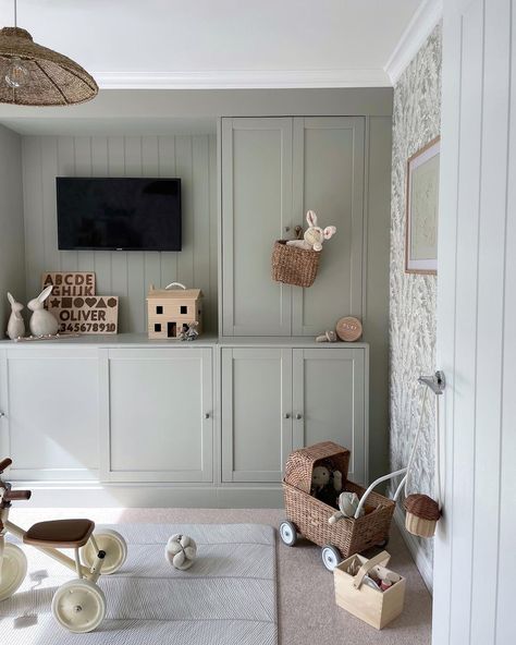 Kids Playroom Media Wall, Simple Interior, Playroom Wallpaper Ideas, Interior Paint Finishes, Hannah Jones, Green Grey Paint, Grey Paint, Coat Paint, Functional Space