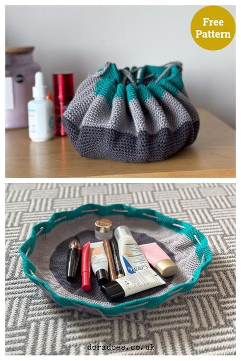 Flat-Lay Drawstring Bag Free Crochet Pattern Amigurumi Patterns, Organization Crochet Patterns, Crochet Cosmetic Bag Pattern Free, Drawstring Bag Crochet, Cosmetic Bag Pattern, Bag Free Crochet Pattern, Small Crochet Gifts, Crochet Drawstring Bag, Drawstring Bag Pattern