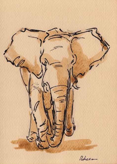 Follow me on Instagram:   @onefroggyevening Watercolor Art Elephant, Elephant Ink Drawing, Elephant Aesthetic Art, Vintage Art Sketches, Watercolor Elephant Painting, Simple Elephant Painting, Ink Wash Art, Drawing Ideas Vintage, Elephant Sketch Simple