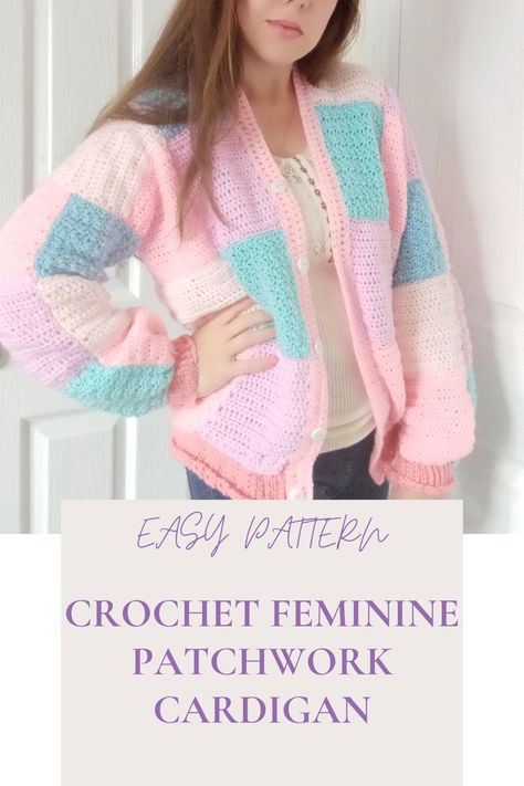 This trendy and very easy to follow recreation of the patchwork iconic cardigan in a pastel version is a great crochet project for beginners. This is an inclusive pattern which comes in sizes S, M, L, XL, XXL, and XXXL. This pattern is very beginner friendly, and is a 17 pages long PDF booklet containing photographs, detailed explanations, and a link to the video tutorial. Everybody can crochet this easy project. This pattern is written in US terms (British terms in brackets). Pastel, Patchwork, Crochet Project For Beginners, Feminine Cardigan, British Terms, Cardigan Free Pattern, Feminine Crochet, Pastel Cardigan, Crochet Patchwork