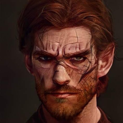 Blood hunter with dark red hair, heavily scarred and dead set on revenge against his former enslavers Artbreeder Male, Red Hair Men, Blood Hunter, Dark Red Hair, Dnd Character, Dnd Characters, Creature Art, Dark Red, Revenge