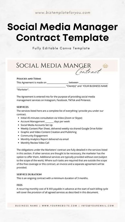 Social Media Templates How To Organize Social Media Content, Social Media Contract Template, Freelance Contract Template, Social Media Manager Contract Template, Social Media Marketing Website Design, Social Media Management Contract, Social Media Marketing Portfolio Example, Social Media Manager Posts, Social Media Manager Template