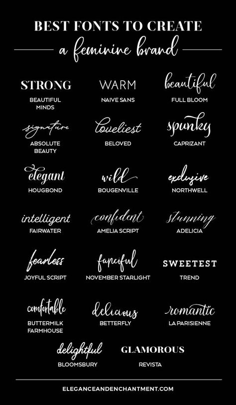 Searching for the perfect feminine font for your brand identity? Here's a roundup of twenty fabulous typefaces. // From Elegance and Enchantment Dainty Fonts For Tattoos, Best Tattoo Fonts For Women, Phonto Fonts Edit, Fonts Feminine, Tattoo Cursive, Logos Brands, Tattoo Letras, Font Tato, Feminine Font