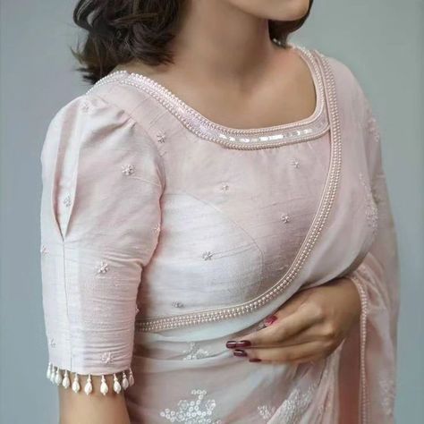Blouse design, baby pink blouse design Blouse Design Half Sleeves, Light Puff Blouse Designs, Blouse Hands Latest Designs, Unique Simple Blouse Designs, Simple Half Hand Blouse Designs, Sleeves Designs For Blouse Saree, Plain Saree Blouse Designs Latest, Sleave Ideas Woman Saree Blouse, Blouse Designs 3/4 Sleeves