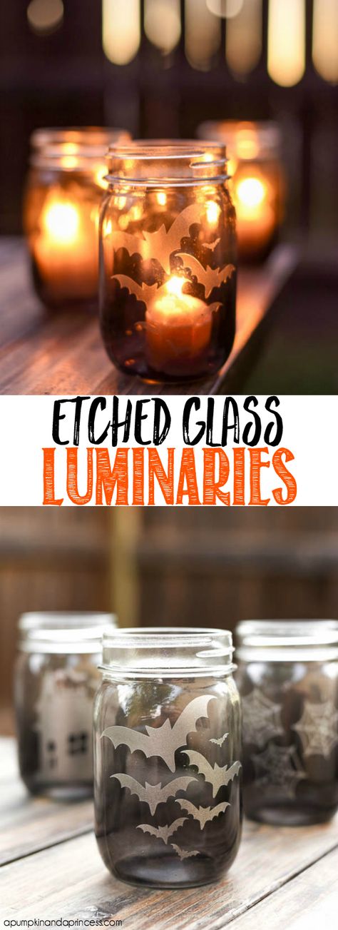 Upcycling, Mason Jar Projects, Etching Glassware Diy, Glass Etching Diy, Etching Diy, Glass Etching Projects, Mason Jar Luminaries, Halloween Mason Jars, Glass Engraving