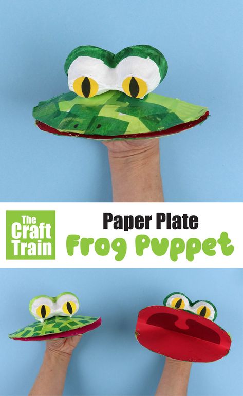 paper plate frog puppet | The Craft Train Diy Puppets Easy, Easy Puppets For Kids To Make, Easy Construction Paper Crafts For Kids, Frog Puppet Craft, Easy Puppets, Card Stock Crafts, Frogs Craft, Paper Frog Craft, Paper Plate Frog