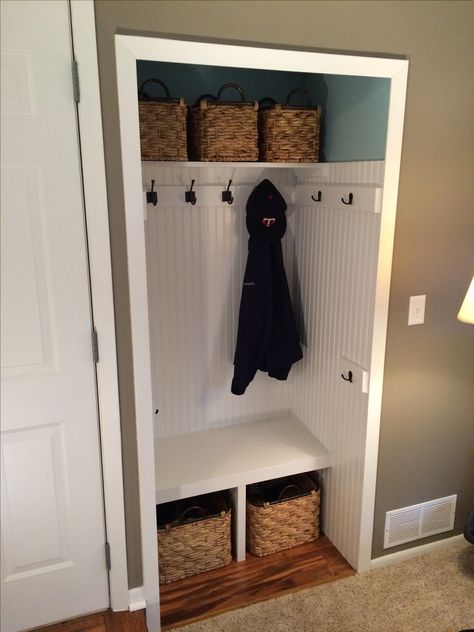 Small Mudroom Makeover, Closed Entrance Ideas, Mudroom Out Of Closet, Slanted Shoe Shelves In Closet, Entryway Closet Decor, Cost Closet Mudroom, Small Hallway Cupboard Ideas, Hallway Nook Ideas Small Spaces, Small Mudroom With Bench