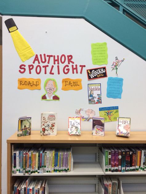 Author spotlight library display made by @lacemeier School Library Classroom Management, Author Display Ideas, Author Spotlight Bulletin Board, Author Of The Month Bulletin Board, Author Bulletin Board Ideas, Author Spotlight Display, Ya Library Displays, Author Of The Month Display, Book Bulletin Boards