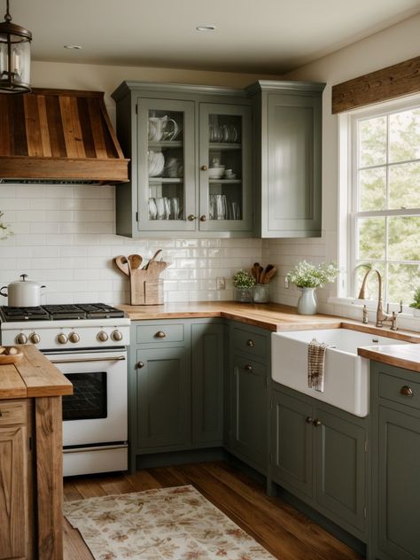 Creating an Eclectic Kitchen: Mix-and-Match Patterns and Colorful Accessories | aulivin.com Blue Cabinet With Butcher Block Top, Back Of Kitchen Peninsula Ideas, Different Home Aesthetics, Rustic House Interior, Farmhouse Nursery Ideas, Farmhouse Furniture Ideas, Vintage Cottage Kitchen, Closed Off Kitchen, Colorful Kitchen Backsplash