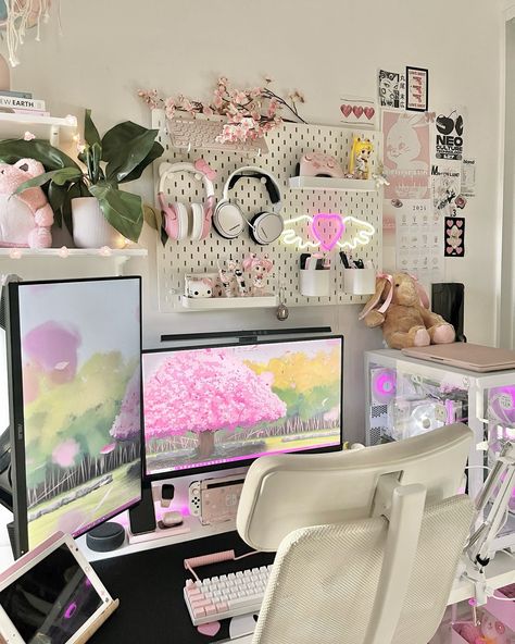 °❀⋆.ೃ࿔*:• setup update! 💻🌸 been a while since my last setup post, so i thought i would post an update. i’ve been slowly adding to my setup & im starting to like how its looking! its most likely gonna change soon bc i’m constantly changing things 😅 happy sunday friends! 💕 - #cozygaming #pcsetup #pc #pcgaming #gamingsetup #desksetup #wfh #wfhsetup #studygram #cozyhome #cozy #sakura #pink #gaming #cozygamer #cozysetup #cozycommunity Pc Setup Small Space, Pink And Green Setup, Sakura Gaming Setup, Cozy Streaming Setup, Pink And Green Gaming Setup, Desktop Set Up, Pc Setup Girl, Aesthetic Desktop Setup, Youtube Set Up