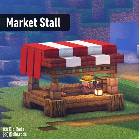 A white and red market stall that I made during my minecraft 1.19 let's play series. Made from spruce, wool, and mud walls. Link in the bio or search for Dio Rods to find it! Storage Ideas Minecraft Small, Minecraft Cute Shop Ideas, Minecraft Building Ideas For Villagers, Minecraft Sky Decorations, Minecraft Simple Decorations, Markets Minecraft, Village Shop Minecraft, Builds To Do In Minecraft, Minecraft Village Market Stalls