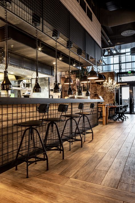 Fredde´s Food & Fire restaurant interior design by VDPHelsinki German Bar Design, Fire Restaurant, Industrial Bar Design, Industrial Restaurant Design, Rustic Restaurant Interior, Bar Counter Design, Industrial Cafe, Industrial Restaurant, Rustic Restaurant