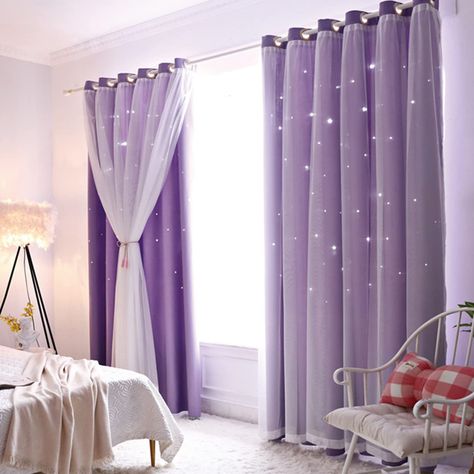 PRICES MAY VARY. 【Purple Curtains】-2 blackout curtain panels,each panels measures 52 wide x 63 high. Grommet top design, large rings, easy to install and slide.Solid Purple curtains are gorgeous and elegant, add some stylish look to your room, makes you feel cheerful and delighted 【Decor Curtain】-Modern Solid Purple Window Drapes with Sheer Tulle Overlay and Star Cut-out Design,perfect decor curtains for bedroom, living room, study kids room,nursery, kitchen and dining room decor.Double-layer de Girl Curtains, Blackout Curtains Bedroom, Curtains And Draperies, Purple Rooms, Room Window, Kids Curtains, Curtains For Living Room, Modern Curtains, Window Room