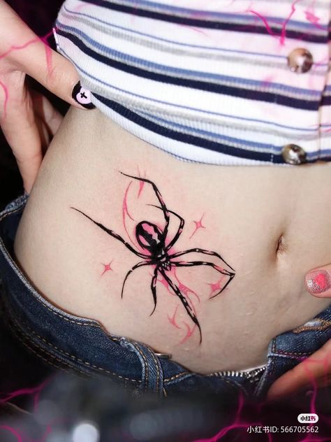 Tattoo Underbust, Spider Hip Tattoo, Grunge Tats, Waist Tattoos, Grunge Tattoo, Web Tattoo, Sharpie Tattoos, Creepy Tattoos, Tattoo Style Drawings