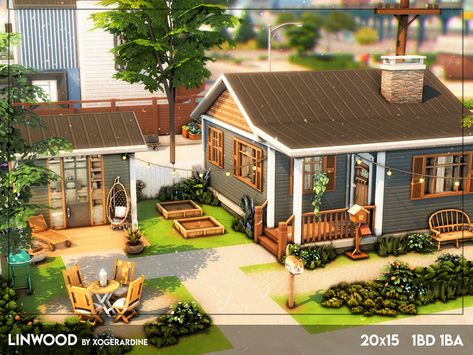 Sims 4 Pinterest House, Sims 4 One Level House, Sims 4 Earthy House, Sims Porch Ideas, Eco Living Sims 4, Sims 4 Cottage Living No Cc, Sims Four House Ideas, Sims 4 Tiny House Exterior, Sims 4 Modern Starter Home