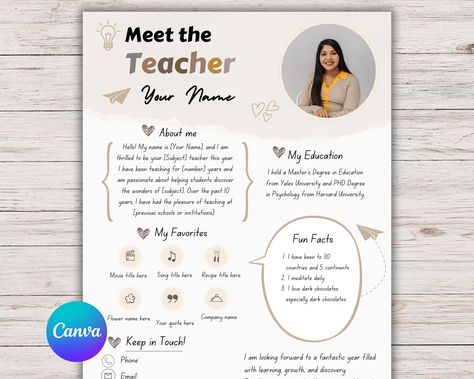 Meet The Teacher Canva Template, Teacher Introduction Resource Letter, Meet The Teacher Flyer Neutral Theme, Back to School Flyer Newsletter Teacher Introduction, Back To School Flyer, Meet The Teacher Template, Teaching Geography, School Flyer, Teacher Templates, Meet The Teacher, Download Button, Teaching Activities