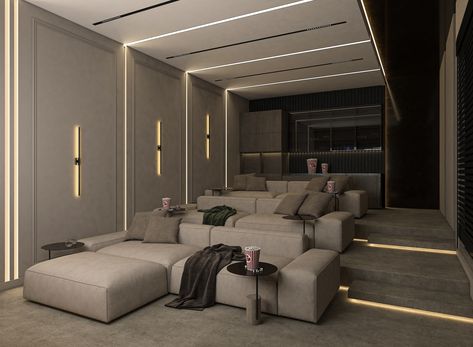 Modern Home Cinema on Behance Modern Cinema Room Design, Cute Movie Room Ideas, Modern Home Theater Room Ideas, Home Theatre Design Interiors Modern, Simple Home Theater Ideas, Bloxburg Home Theater, Modern Cinema Room, Small Home Cinema, Modern Home Cinema